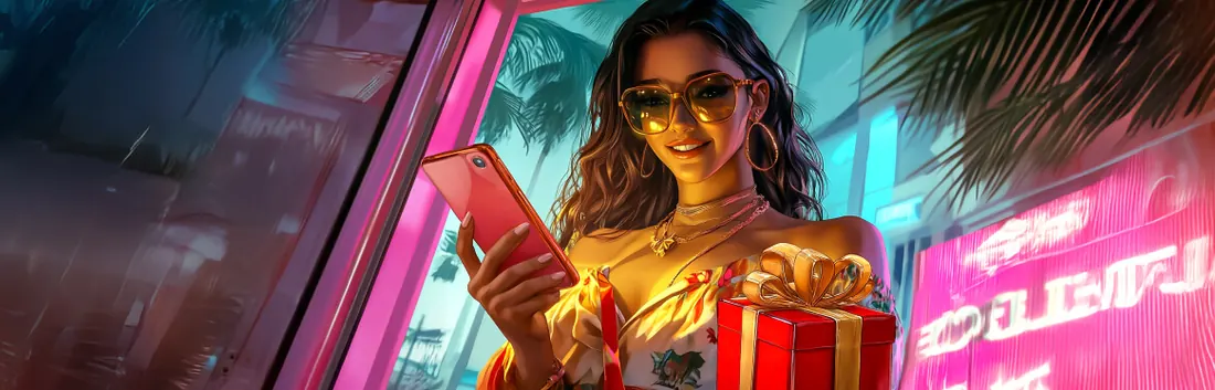 Vrouw met telefoon en cadeau in een roze neonstraat