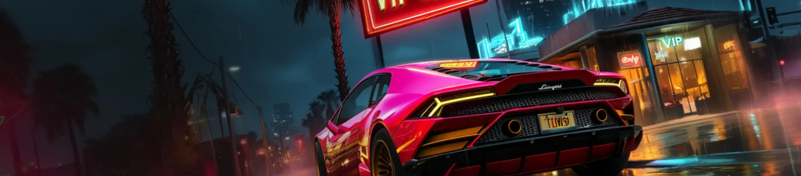 Roze Lamborghini voor de VIP-ingang bij nacht