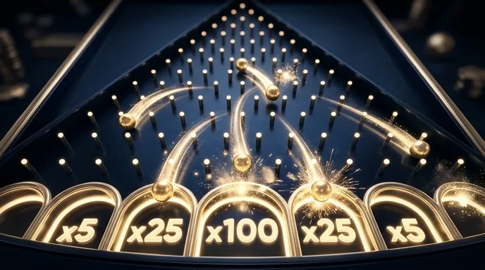 Plinko-bord met balletjes die in gouden multiplier-vakjes vallen