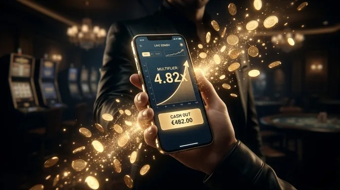 Casino-app op een smartphone met live multiplier en cashout-knop — het scherm waarover spelers in reviews schrijven